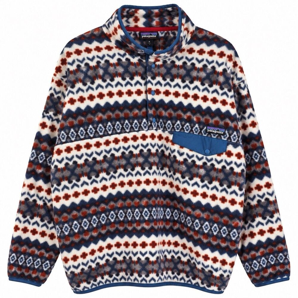 Patagonia Synchilla Snap-T Fleece Pullover Large Geometric Fair Isle Blue Rust